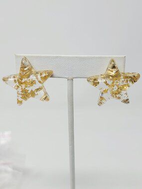 Gold Flake Resin Star Earrings Clear Acrylic Statement Studs Trendy